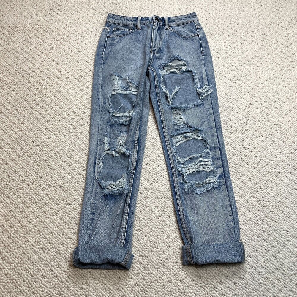Boohoo Jeans Womens 2 Light Wash Blue Distressed Rips Boyfriend 27x25 Rolled New
